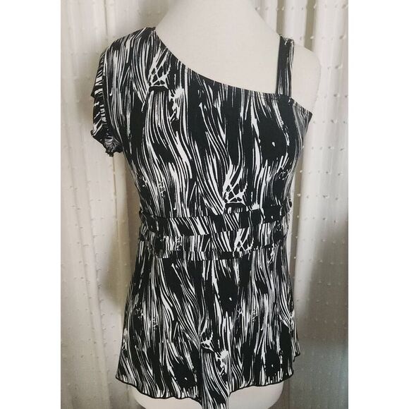 F72 Saint Tropez West black and white print dressy one shoulder asymmetric blous - Picture 1 of 7